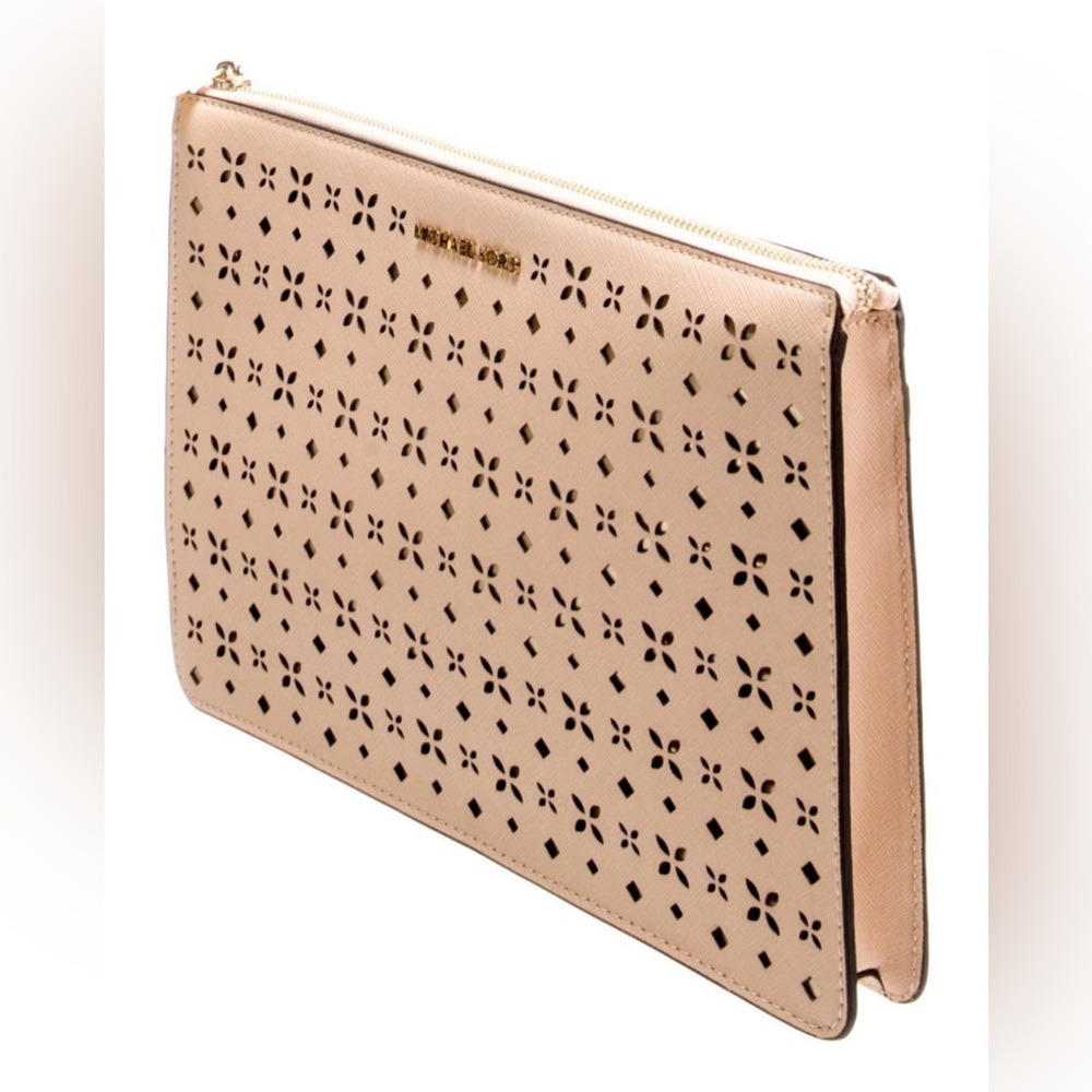 MICHAEL Michael Kors Ava Perforated Leather Convertible Clutch Neutral EUC